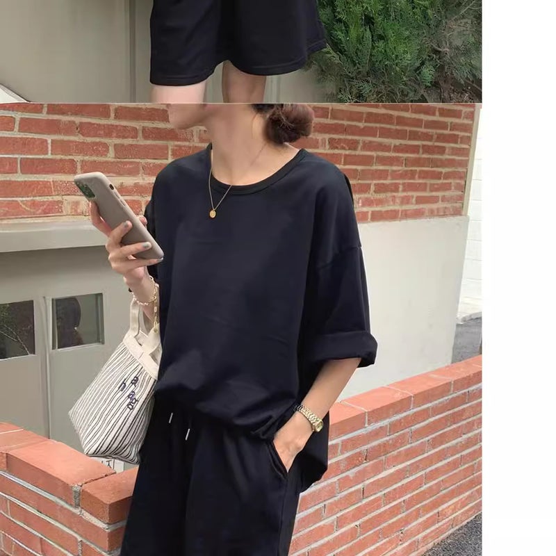 Running Casual Sportswear suit Womens 2025 Summer New plus size Womens Korean Short-sleeved Shorts Two-piece Fashionable Set Black - Image 4