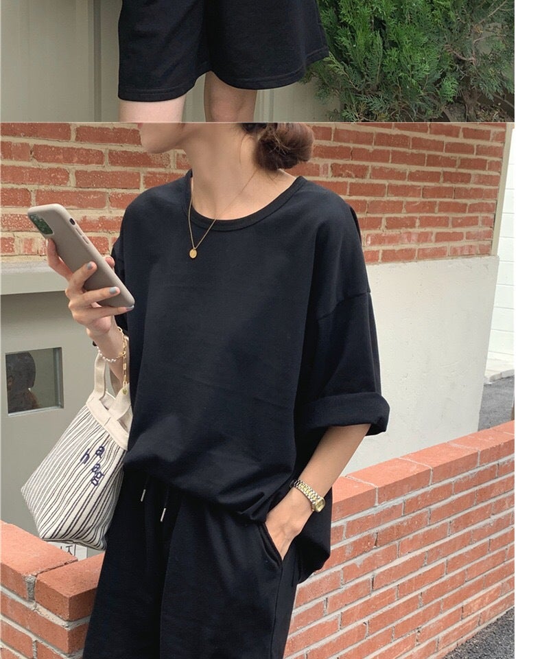 Running Casual Sportswear suit Womens 2025 Summer New plus size Womens Korean Short-sleeved Shorts Two-piece Fashionable Set Black - Image 1