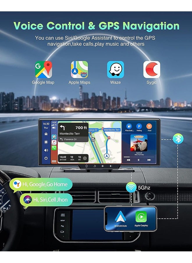 شو وو - ستيريو سيارة لاسلكي مقاس 10.26 بوصة مع كاميرا رؤية خلفية Apple Carplay وAndroid Auto، شاشة محمولة تعمل باللمس للسيارة، نظام ملاحة GPS للسيارة، أجهزة استقبال صوت السيارة مع وصلة مرآة، بلوتوث، FM، Siri - Image 1