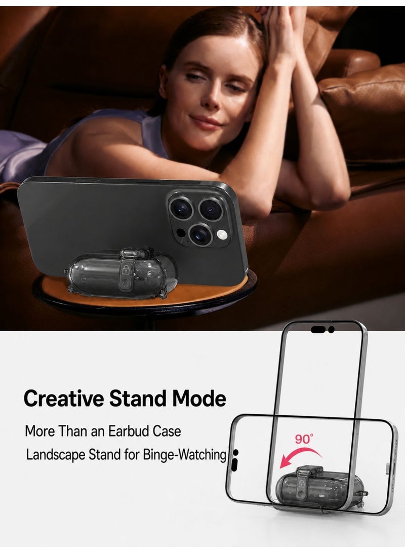 حافظة حماية 3 في 1 لسماعات AirPods 4 مزودة بحامل للهاتف، وقفل مغناطيسي، وحلقة مفاتيح - لون أسود شفاف - Image 4