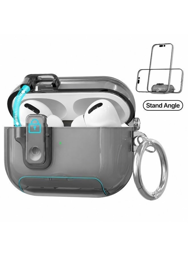 حافظة حماية 3 في 1 لسماعات AirPods 4 مزودة بحامل للهاتف، وقفل مغناطيسي، وحلقة مفاتيح - لون أسود شفاف - Image 1