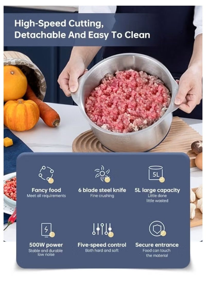 5 Speeds Electric Chopper Food Processor 5 L 500W Mincer Grinder Multipurpose Food Chopper Blue