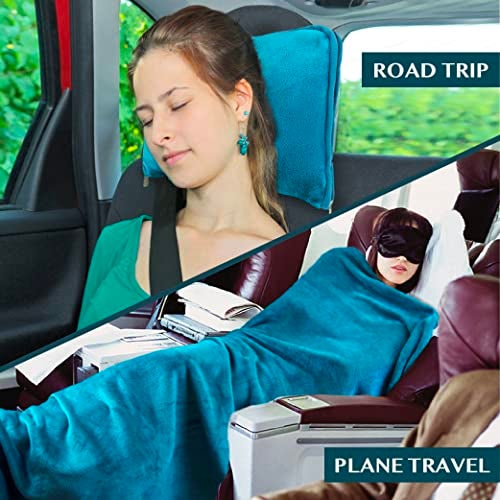 PAVILIA Travel Blanket Pillow, Soft Airplane Blanket 2-IN-1 Combo Set, Plane Blanket Compact Packable, Flight Essentials Car Pillow, Travelers Gifts Accessories Luggage Backpack Strap, 60x43 Teal Blue - Image 5