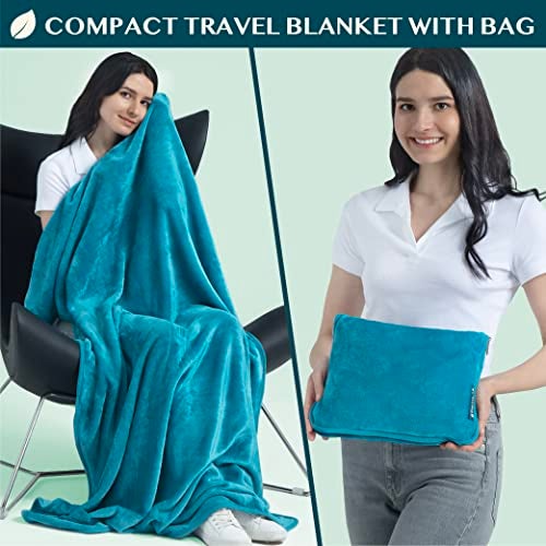 PAVILIA Travel Blanket Pillow, Soft Airplane Blanket 2-IN-1 Combo Set, Plane Blanket Compact Packable, Flight Essentials Car Pillow, Travelers Gifts Accessories Luggage Backpack Strap, 60x43 Teal Blue - Image 2