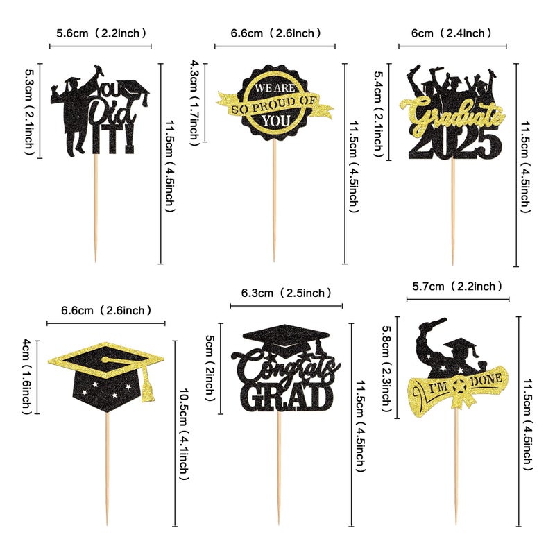 Ercadio 30 Pack 2025 Graduation Cupcake Toppers Glitter Black Gold Graduate 2025 Cake Congratulate Grad Picks Decorations for 2025 Graduation Theme Party Supplies - Image 2