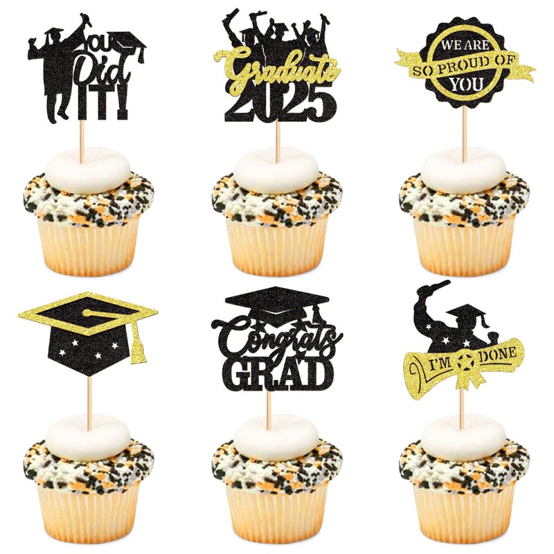 Ercadio 30 Pack 2025 Graduation Cupcake Toppers Glitter Black Gold Graduate 2025 Cake Congratulate Grad Picks Decorations for 2025 Graduation Theme Party Supplies - Image 1