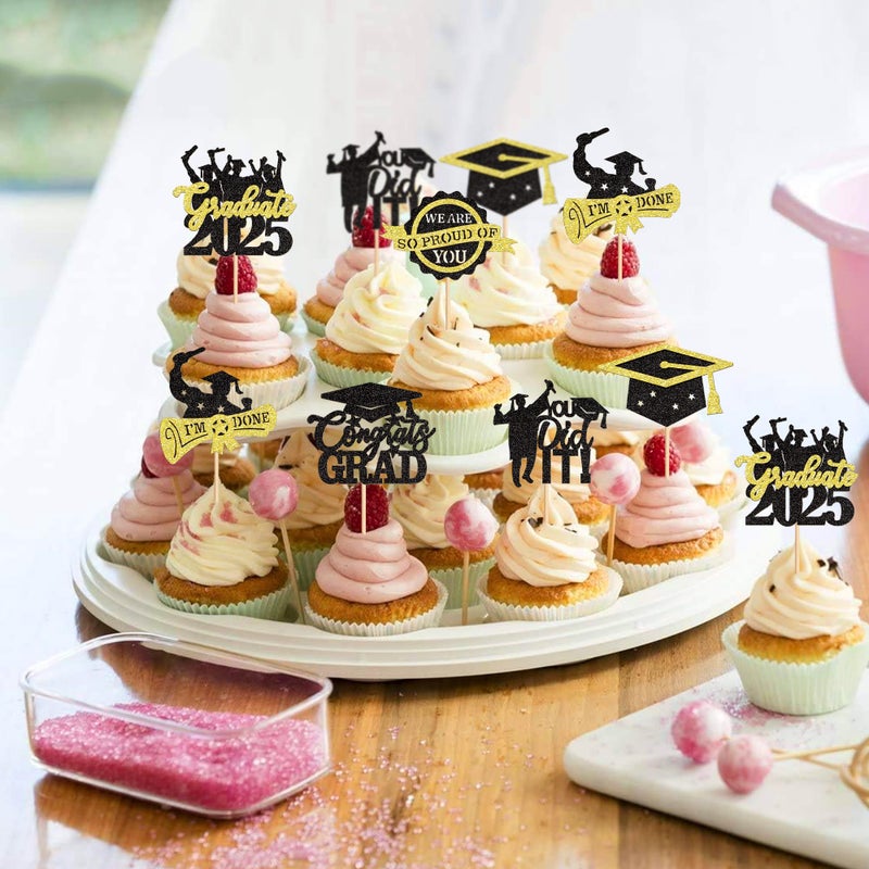 Ercadio 30 Pack 2025 Graduation Cupcake Toppers Glitter Black Gold Graduate 2025 Cake Congratulate Grad Picks Decorations for 2025 Graduation Theme Party Supplies - Image 5