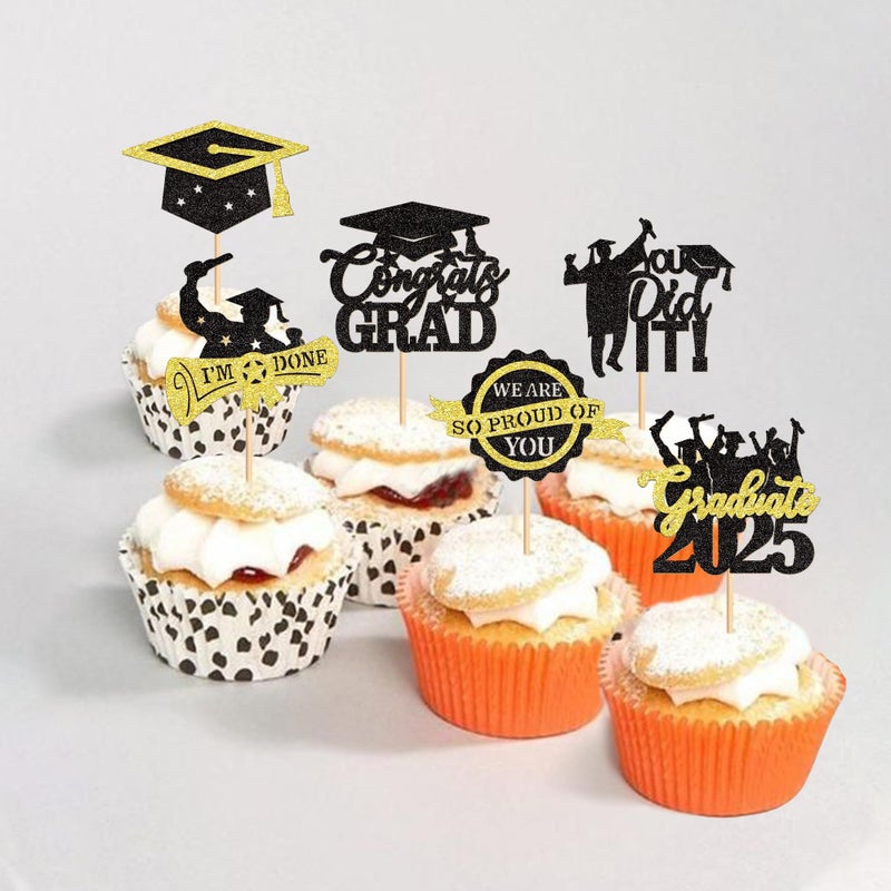 Ercadio 30 Pack 2025 Graduation Cupcake Toppers Glitter Black Gold Graduate 2025 Cake Congratulate Grad Picks Decorations for 2025 Graduation Theme Party Supplies - Image 4