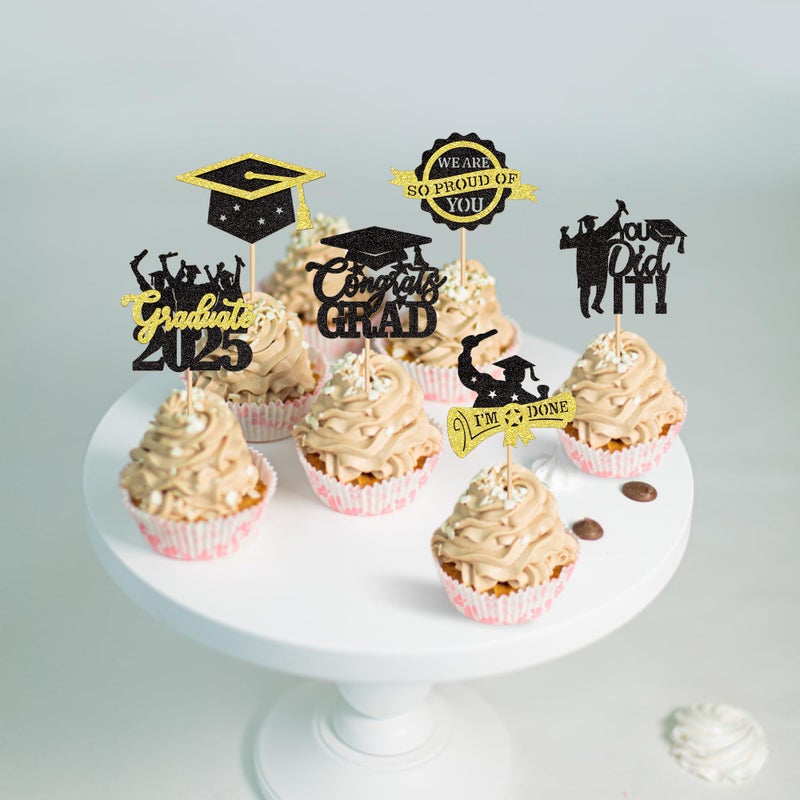 Ercadio 30 Pack 2025 Graduation Cupcake Toppers Glitter Black Gold Graduate 2025 Cake Congratulate Grad Picks Decorations for 2025 Graduation Theme Party Supplies - Image 3