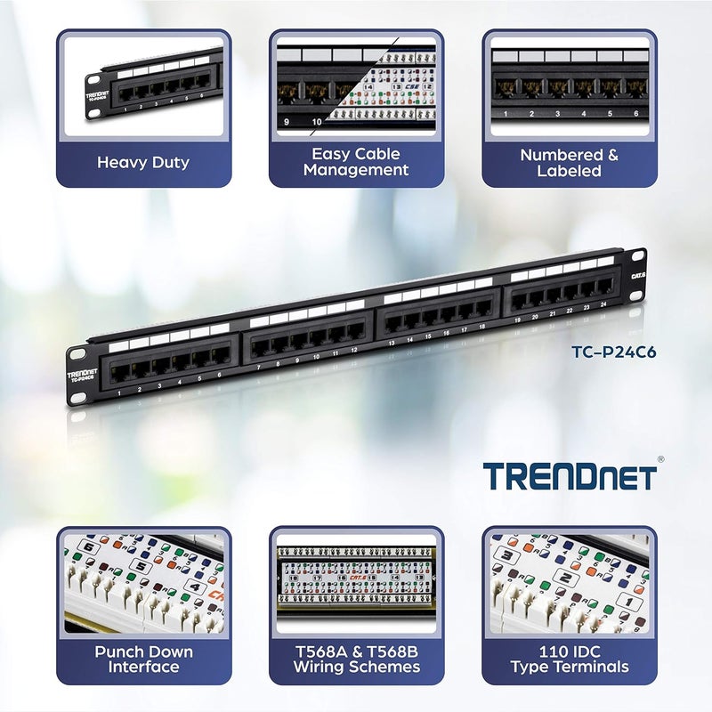Trendnet لوحة توصيل غير محمية 24 منفذ Cat6، مثبتة على الحائط أو الرف، متوافقة مع كابلات Cat3، 4، 5، 5e، 6، لتطبيقات الإيثرنت، الإيثرنت السريع، والجيجابت، باللون الأسود، TC-P24C6 (عبوة من 1) - Image 2
