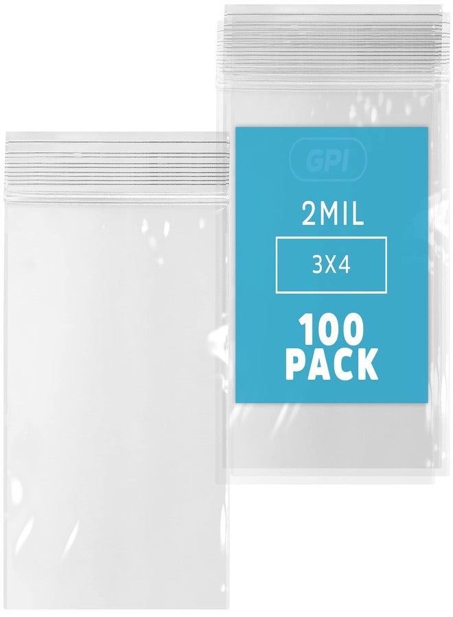 GPI Clear Plastic RECLOSABLE ZIPLOCK Bags - Bulk Pack of 100 3" x 4" 2 mil Thick Strong & Durable Poly Baggies with Resealable Zip Top Lock for Travel, Storage, Packaging & Shipping. - Image 1