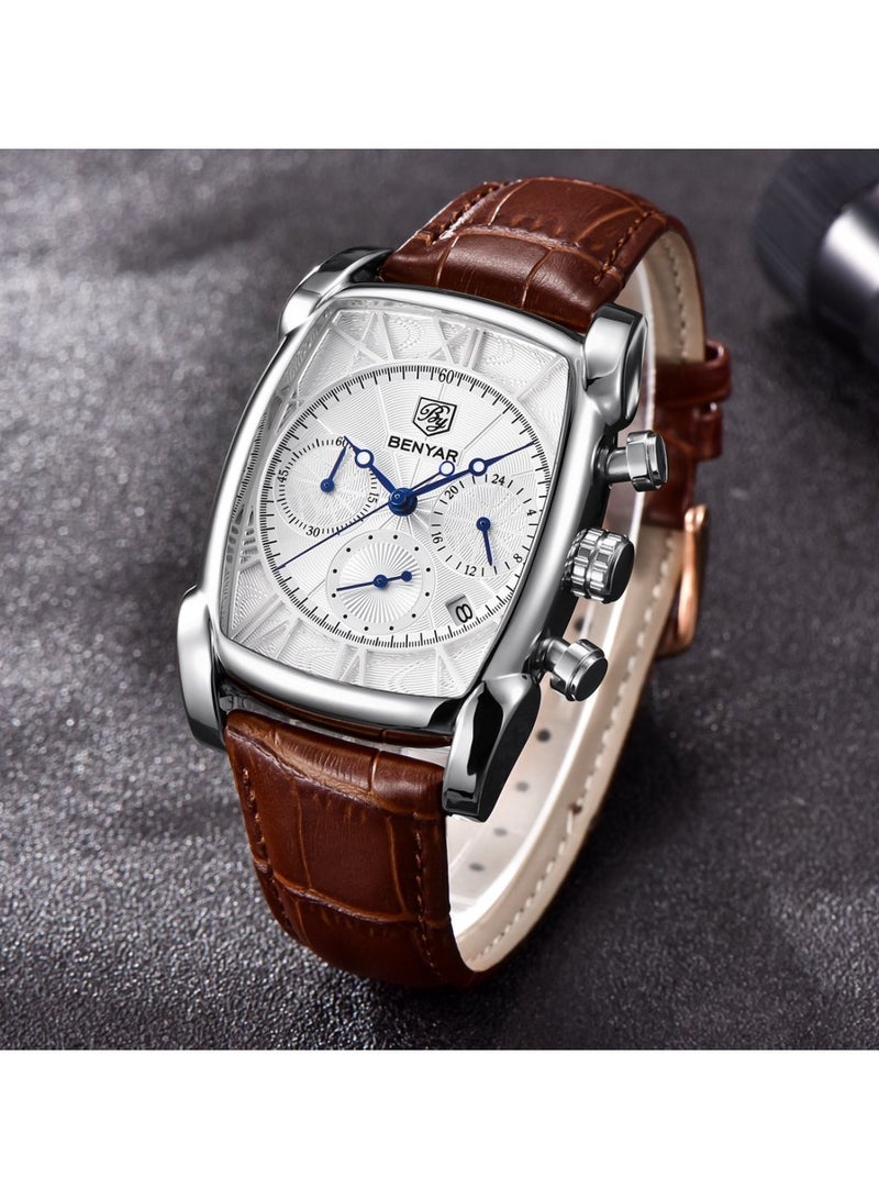 BENYAR Mens Watches Multifunction Chronograph Date Quartz Watch for Men Brown Leather Band Analog Wrist Watch Gift for Men Casual Business - Image 4