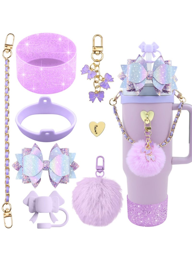 Reema Bling Stanley Cup Accessories for 40oz & 30oz Tumbler including Silicone Cute Bow Straw Topper Cover, Silicone Stanley Cup Boot,Leather Water Bottle Handle Strap, Stanley Charms - Image 1