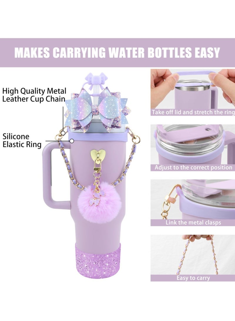 Reema Bling Stanley Cup Accessories for 40oz & 30oz Tumbler including Silicone Cute Bow Straw Topper Cover, Silicone Stanley Cup Boot,Leather Water Bottle Handle Strap, Stanley Charms - Image 2