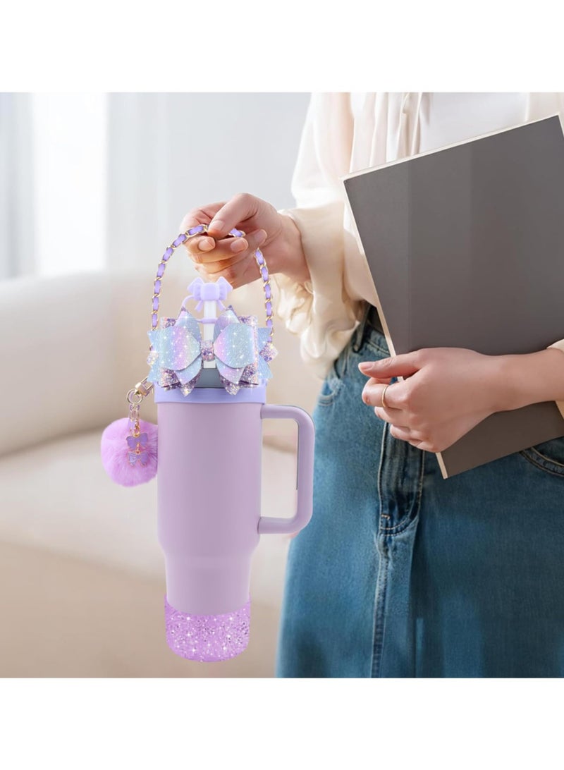 Reema Bling Stanley Cup Accessories for 40oz & 30oz Tumbler including Silicone Cute Bow Straw Topper Cover, Silicone Stanley Cup Boot,Leather Water Bottle Handle Strap, Stanley Charms - Image 4