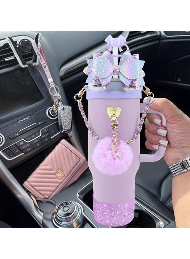 Reema Bling Stanley Cup Accessories for 40oz & 30oz Tumbler including Silicone Cute Bow Straw Topper Cover, Silicone Stanley Cup Boot,Leather Water Bottle Handle Strap, Stanley Charms - Image 5