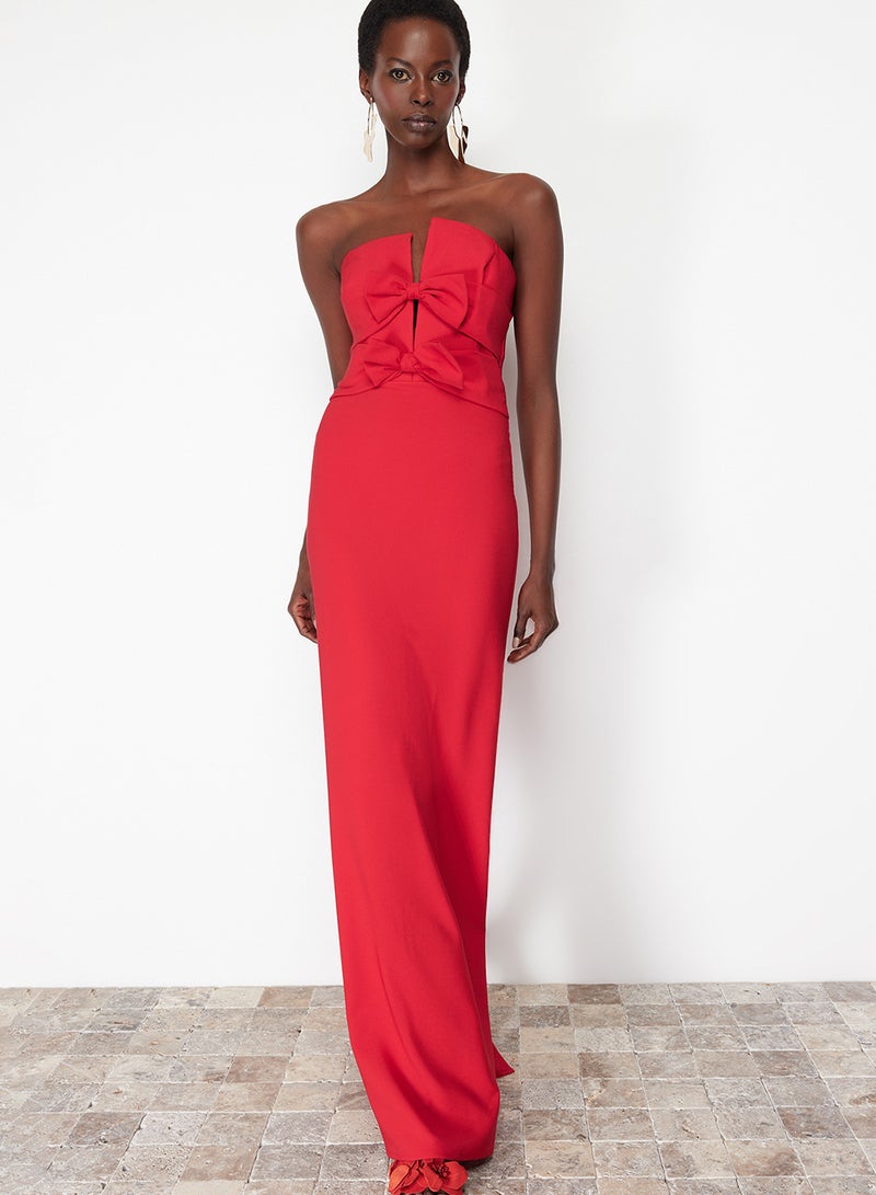 trendyol Red Bow Detailed Woven Long Stylish Evening Dress Tprss24Ae00073 - Image 4