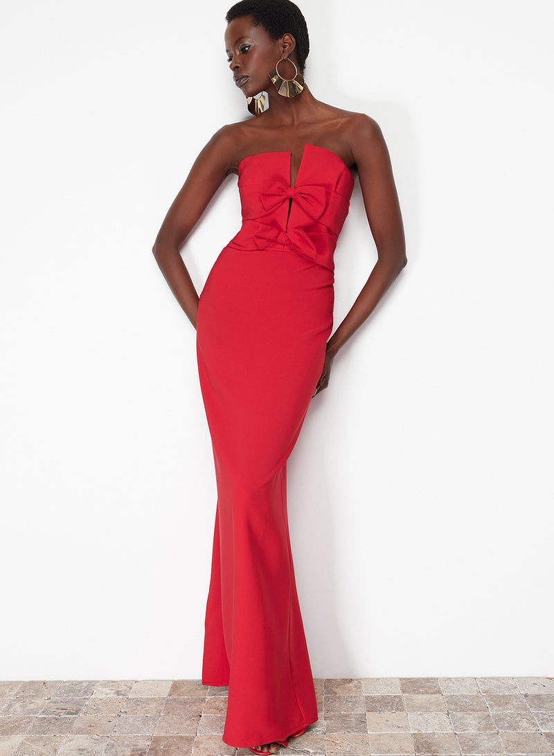 trendyol Red Bow Detailed Woven Long Stylish Evening Dress Tprss24Ae00073 - Image 2