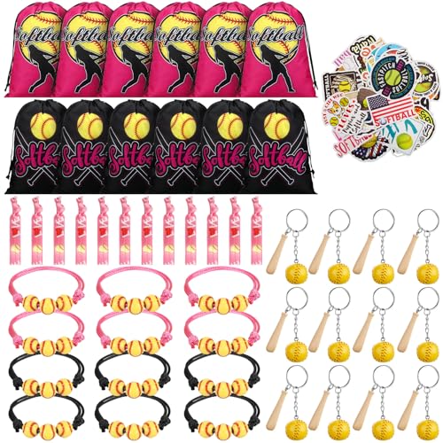 Jenaai 148 Pcs Softball Party Favors Include Drawstring Bags Charm Bracelets Keychain Hair Ties and Stickers, Softball Theme Gifts Party Favors for Women Birthday(Stylish) - Image 1