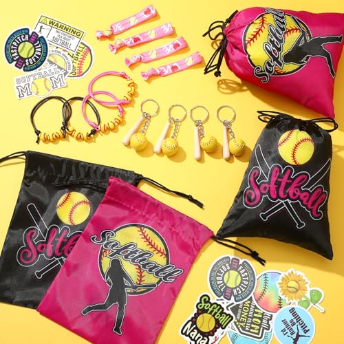 Jenaai 148 Pcs Softball Party Favors Include Drawstring Bags Charm Bracelets Keychain Hair Ties and Stickers, Softball Theme Gifts Party Favors for Women Birthday(Stylish) - Image 4
