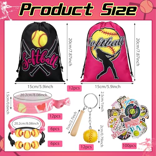 Jenaai 148 Pcs Softball Party Favors Include Drawstring Bags Charm Bracelets Keychain Hair Ties and Stickers, Softball Theme Gifts Party Favors for Women Birthday(Stylish) - Image 2