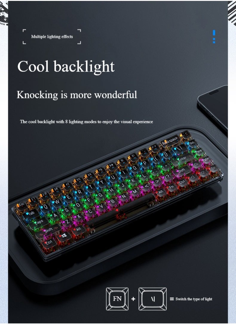 T-WOLF - Transparent Gaming Keyboard,68 Keys USB Wired Mechanical Keyboard with Transparent PBT Keycaps and RGB Side Light for Office Gaming,Suitable for PC/Ps4/Xbox Gamers,Red Switch - Image 1
