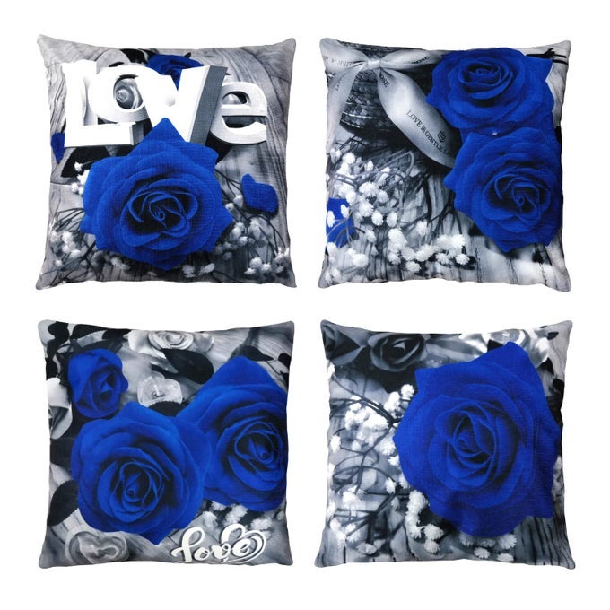 FLOWER THROW PILLOW COVERS BLACK BLUE ROSE TEXT LOVE DECORATIVE SQUARE PILLOWCASES 18X18 SET OF 4 FOR SOFA BEDROOM LIVING ROOM DECOR GIFT BLACK BLUE
