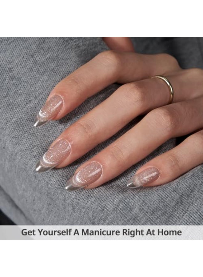 BTArtbox Almond Press On Nails Medium LampCurable Metallic French Tip Cat Eye Press On Nails with Glue for Women Soft Gel Glue On Nails in 15 Sizes 30 Stick On Nails Kit Silver Storm - Image 3