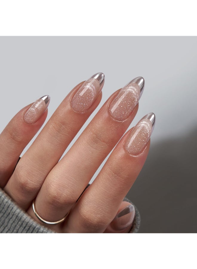 BTArtbox Almond Press On Nails Medium LampCurable Metallic French Tip Cat Eye Press On Nails with Glue for Women Soft Gel Glue On Nails in 15 Sizes 30 Stick On Nails Kit Silver Storm - Image 2