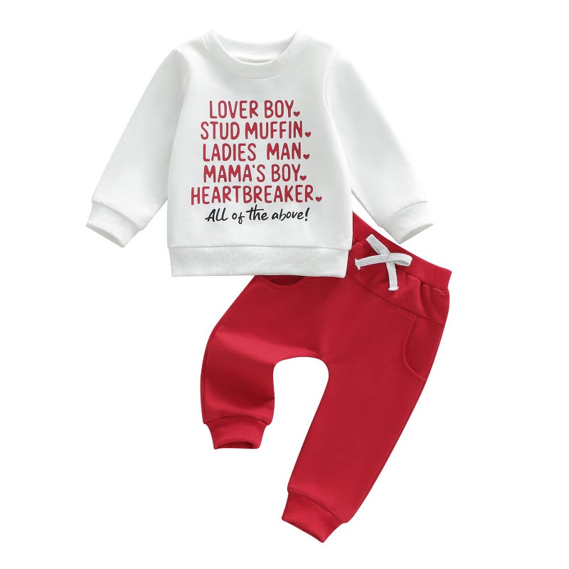 Fernvia Toddler Baby Boy Valentines Day Outfit Letter Print Long Sleeve Crewneck Sweatshirt + Joggers Pants Sets (A Lover Boy White, 12-18 Months) - Image 1