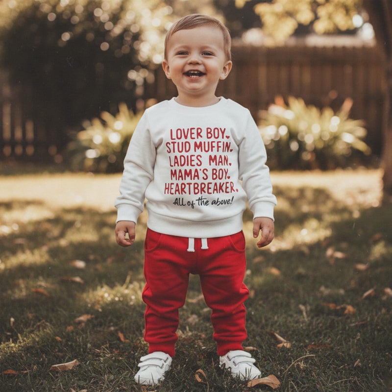 Fernvia Toddler Baby Boy Valentines Day Outfit Letter Print Long Sleeve Crewneck Sweatshirt + Joggers Pants Sets (A Lover Boy White, 12-18 Months) - Image 3