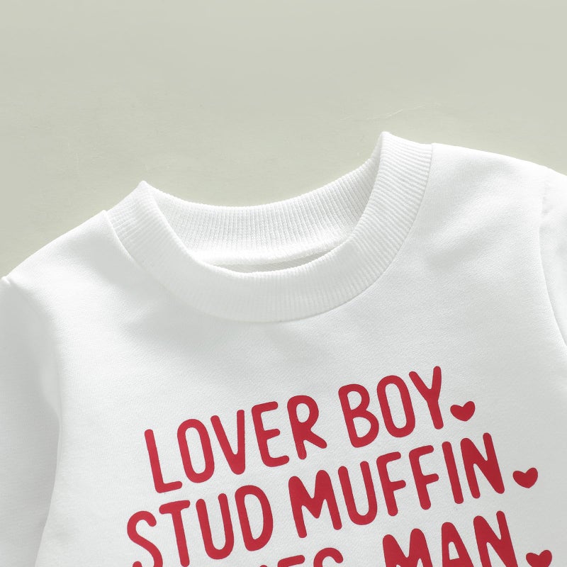 Fernvia Toddler Baby Boy Valentines Day Outfit Letter Print Long Sleeve Crewneck Sweatshirt + Joggers Pants Sets (A Lover Boy White, 12-18 Months) - Image 4