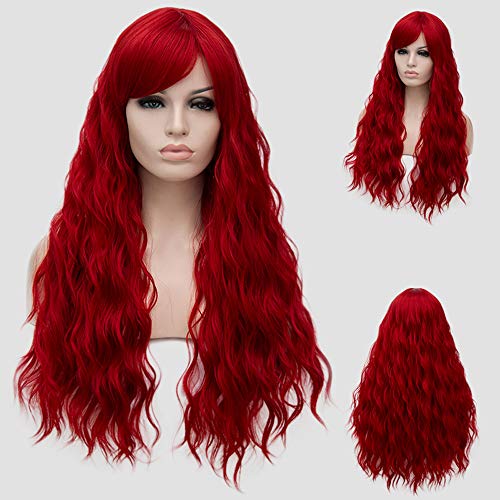 BERON 27 Inches Red Wig Long Curly Wig Red Wig for Women Wavy Red Wig with Bangs Heat Resistant Synthetic Hair Red Cosplay Costume Wig (Red) - Image 5