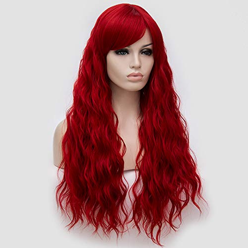BERON 27 Inches Red Wig Long Curly Wig Red Wig for Women Wavy Red Wig with Bangs Heat Resistant Synthetic Hair Red Cosplay Costume Wig (Red) - Image 3