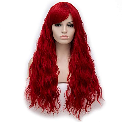 BERON 27 Inches Red Wig Long Curly Wig Red Wig for Women Wavy Red Wig with Bangs Heat Resistant Synthetic Hair Red Cosplay Costume Wig (Red) - Image 1
