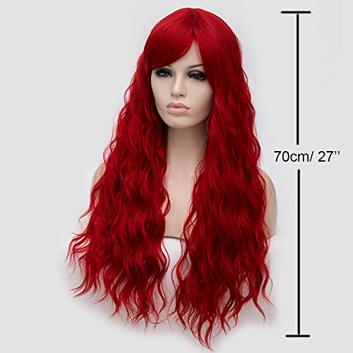 BERON 27 Inches Red Wig Long Curly Wig Red Wig for Women Wavy Red Wig with Bangs Heat Resistant Synthetic Hair Red Cosplay Costume Wig (Red) - Image 2