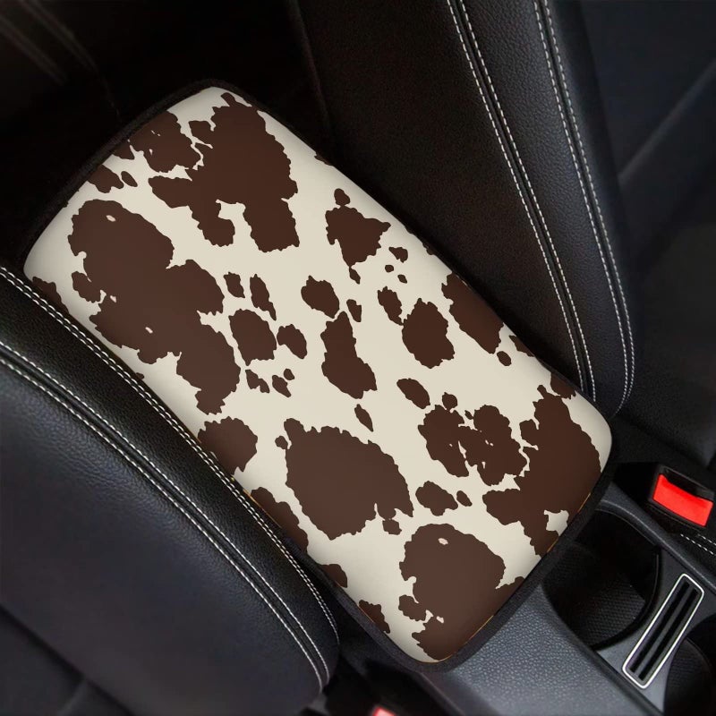 Dreaweet Brown Cow Print Auto Center Console Pad Breathable Car Armrest Seat Box Cover Protector Universal Fit Cushion for Most Cars - Image 3