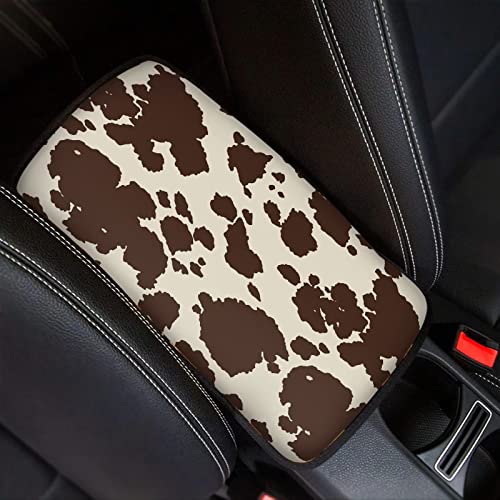 Dreaweet Brown Cow Print Auto Center Console Pad Breathable Car Armrest Seat Box Cover Protector Universal Fit Cushion for Most Cars - Image 1