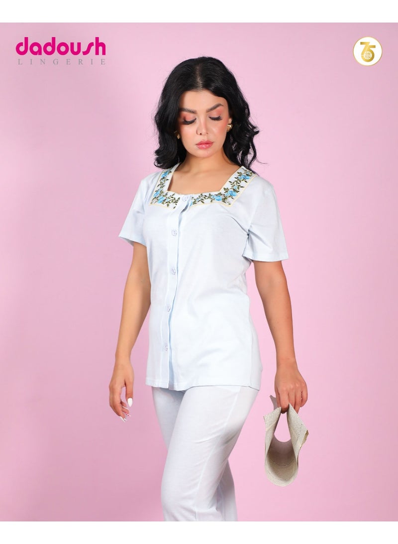 Dadoush Women'sWomen's pajama set - summer, 2 pieces consisting of pants and a shirt - plain designed specifically for comfort and freshness. pajama set - Summer tracksuit 2 pieces with pants and shirt - featuring various prints and specially designed for comfort and freshness.  - Image 4