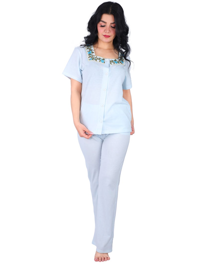 Dadoush Women'sWomen's pajama set - summer, 2 pieces consisting of pants and a shirt - plain designed specifically for comfort and freshness. pajama set - Summer tracksuit 2 pieces with pants and shirt - featuring various prints and specially designed for comfort and freshness.  - Image 1