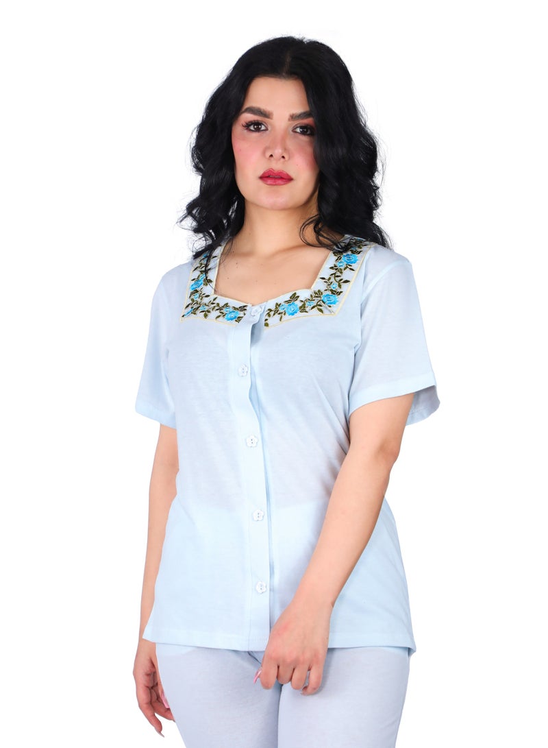 Dadoush Women'sWomen's pajama set - summer, 2 pieces consisting of pants and a shirt - plain designed specifically for comfort and freshness. pajama set - Summer tracksuit 2 pieces with pants and shirt - featuring various prints and specially designed for comfort and freshness.  - Image 2