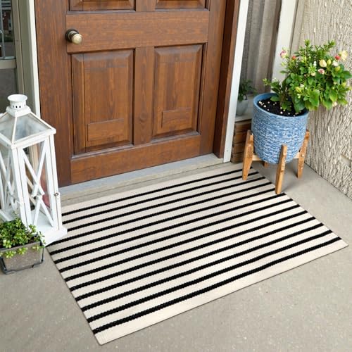 Collive Black and White Striped Door Mat 24x35 Cotton Hand Woven Welcome Entryway RugWashable Small Porch Decor Welcome Door Mat for Indoor Outdoor Kitchen Farmhouse Entrance
