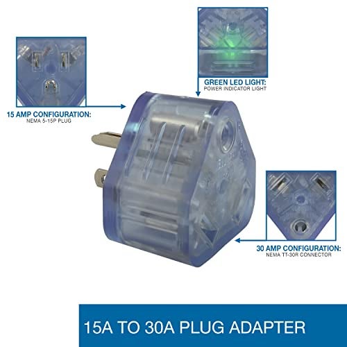 Conntek 14101-LT 15-Amp Male Plug to 30-Amp RV Female Connector with Power Neon Light, Clear Blue - Image 2