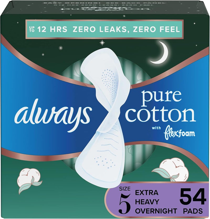 Always Pure Cotton With Flexfoam Pads, Size 5 Extra Heavy Overnight Absorbency, With Wings, 18 Count, Pack Of 3 (54 Count Total)