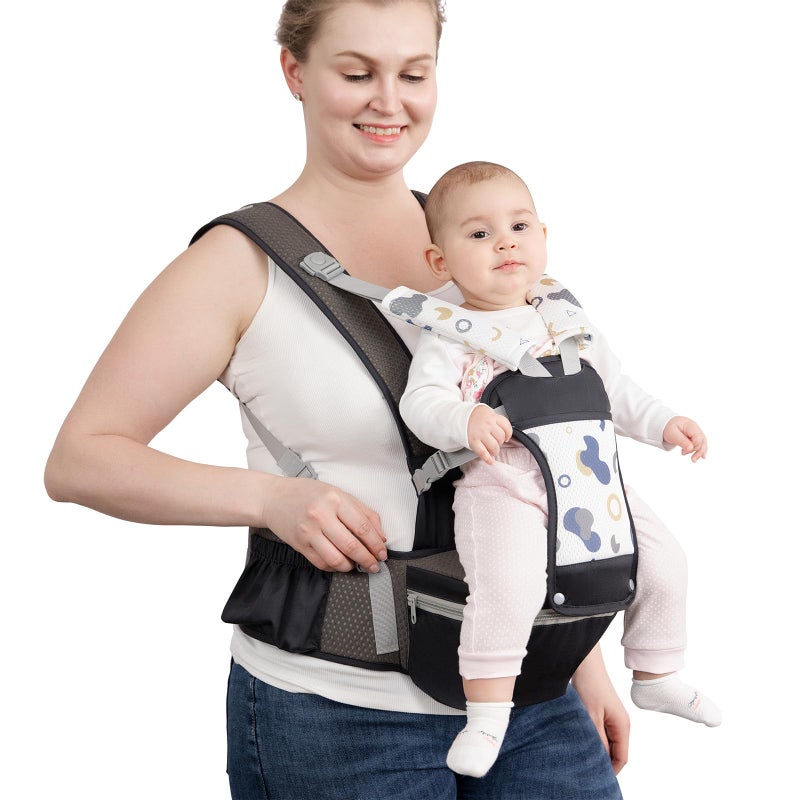 fisca Baby Carrier with Hip Seat for Newborn to Toddler, 6-in-1 Ergonomic Infant Carrier for 0-36 Month Baby, All Positions Soft Breathable Mesh Wrap Carrier with Waist Stool, Baby Holder-Grey Print - Image 1