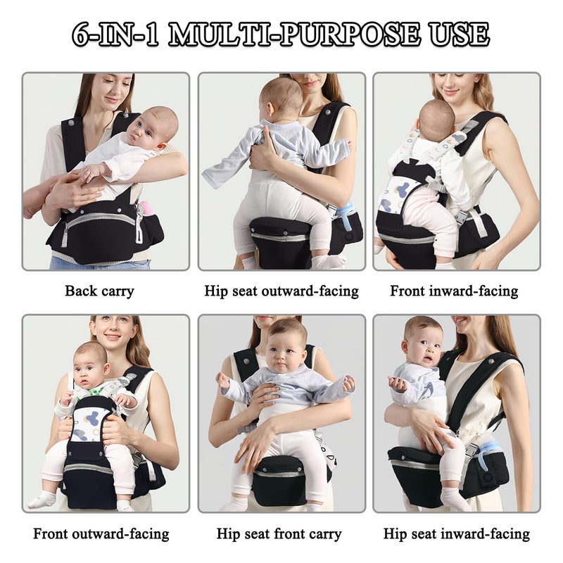 fisca Baby Carrier with Hip Seat for Newborn to Toddler, 6-in-1 Ergonomic Infant Carrier for 0-36 Month Baby, All Positions Soft Breathable Mesh Wrap Carrier with Waist Stool, Baby Holder-Grey Print - Image 2