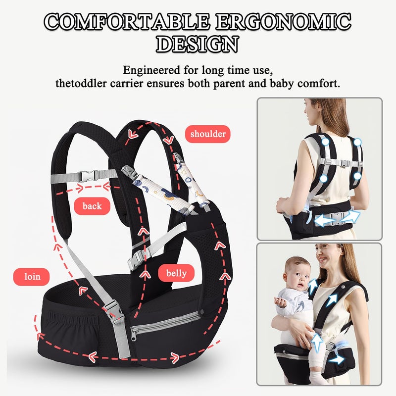 fisca Baby Carrier with Hip Seat for Newborn to Toddler, 6-in-1 Ergonomic Infant Carrier for 0-36 Month Baby, All Positions Soft Breathable Mesh Wrap Carrier with Waist Stool, Baby Holder-Grey Print - Image 3