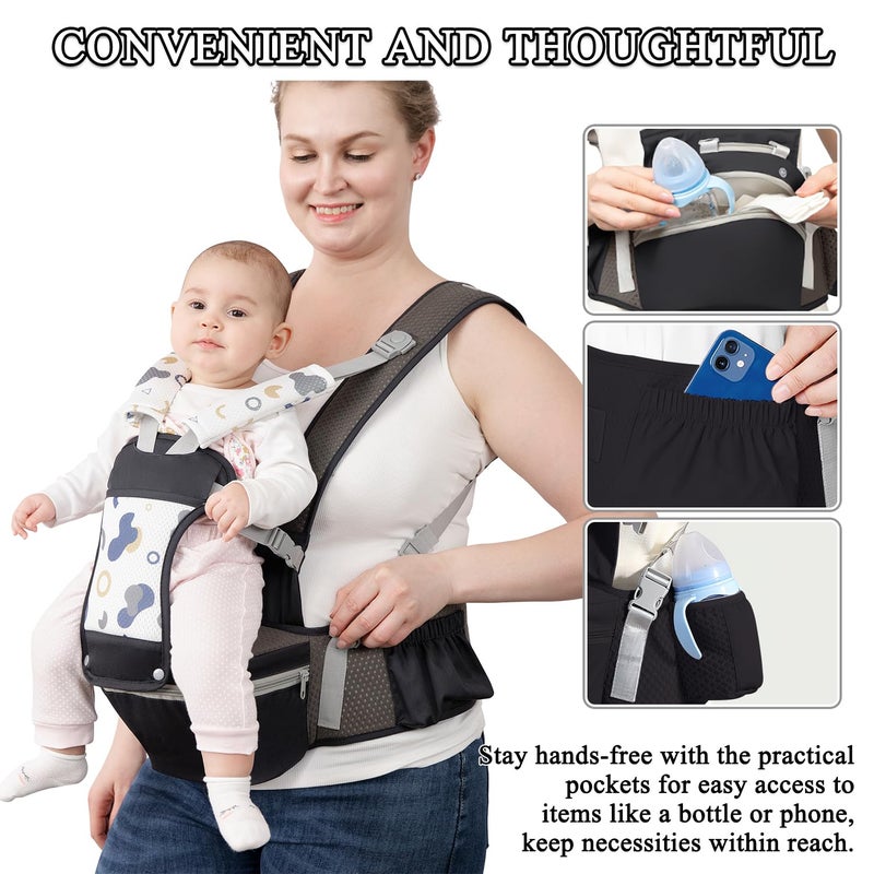 fisca Baby Carrier with Hip Seat for Newborn to Toddler, 6-in-1 Ergonomic Infant Carrier for 0-36 Month Baby, All Positions Soft Breathable Mesh Wrap Carrier with Waist Stool, Baby Holder-Grey Print - Image 5
