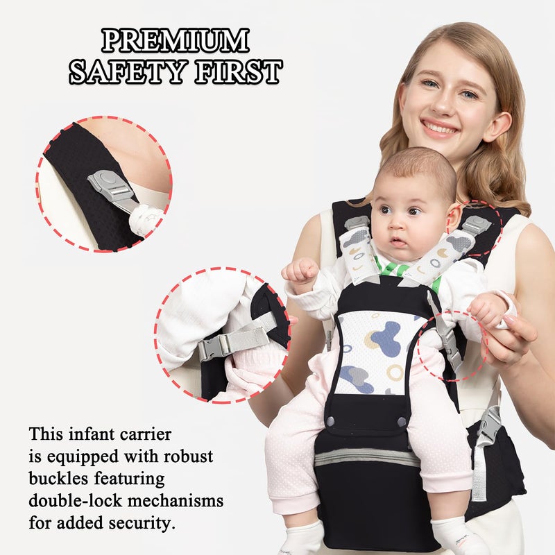 fisca Baby Carrier with Hip Seat for Newborn to Toddler, 6-in-1 Ergonomic Infant Carrier for 0-36 Month Baby, All Positions Soft Breathable Mesh Wrap Carrier with Waist Stool, Baby Holder-Grey Print - Image 4