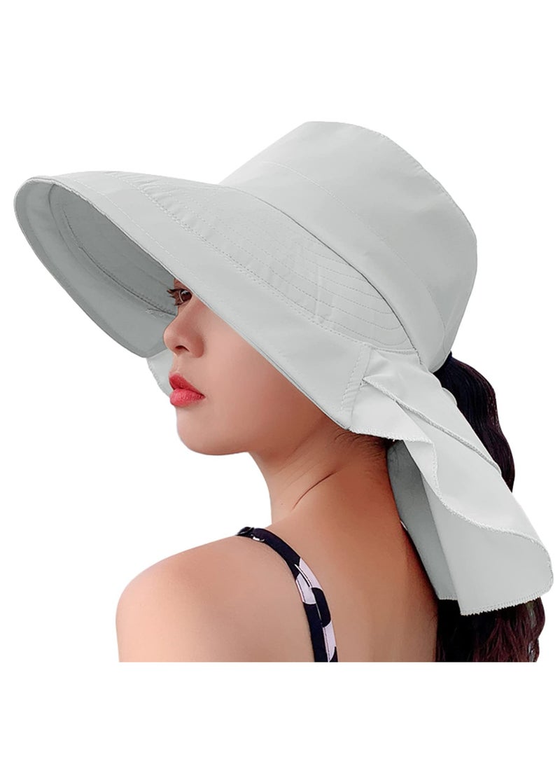 Women's Adjustable Sun Hat with Neck Flap - Wide Brim UV Protection Beach Visor for Outdoor Activities, Fishing, Hiking, and Travel - Light Gray Bucket Cap - Image 1